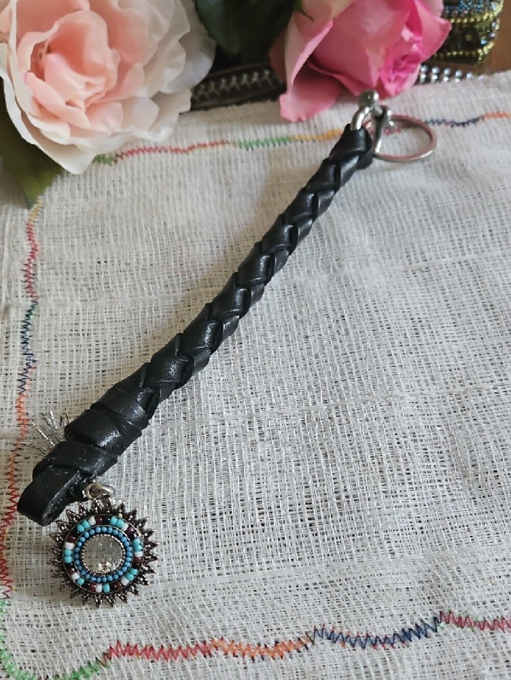 Hand Crafted Braided Genuine Black Leather KeychainTurquoise Sun Gifted - Picture 2 of 11